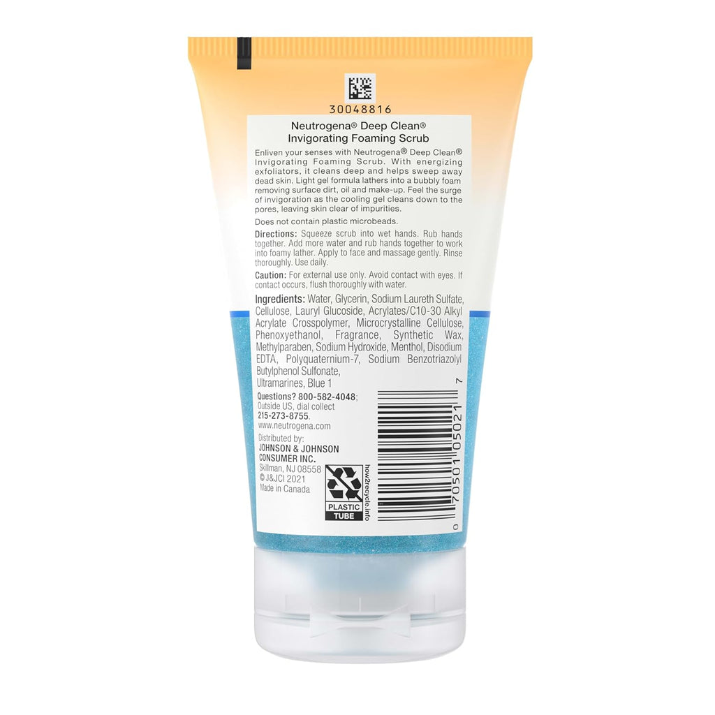 Neutrogena Deep Clean Invigorating Foaming Daily Exfoliating Facial Scrub with Glycerin, Gentle, Cooling & Exfoliating Gel Face Wash to Remove Impurities, Dirt, Oil & Makeup, 4.2 Fl. Oz