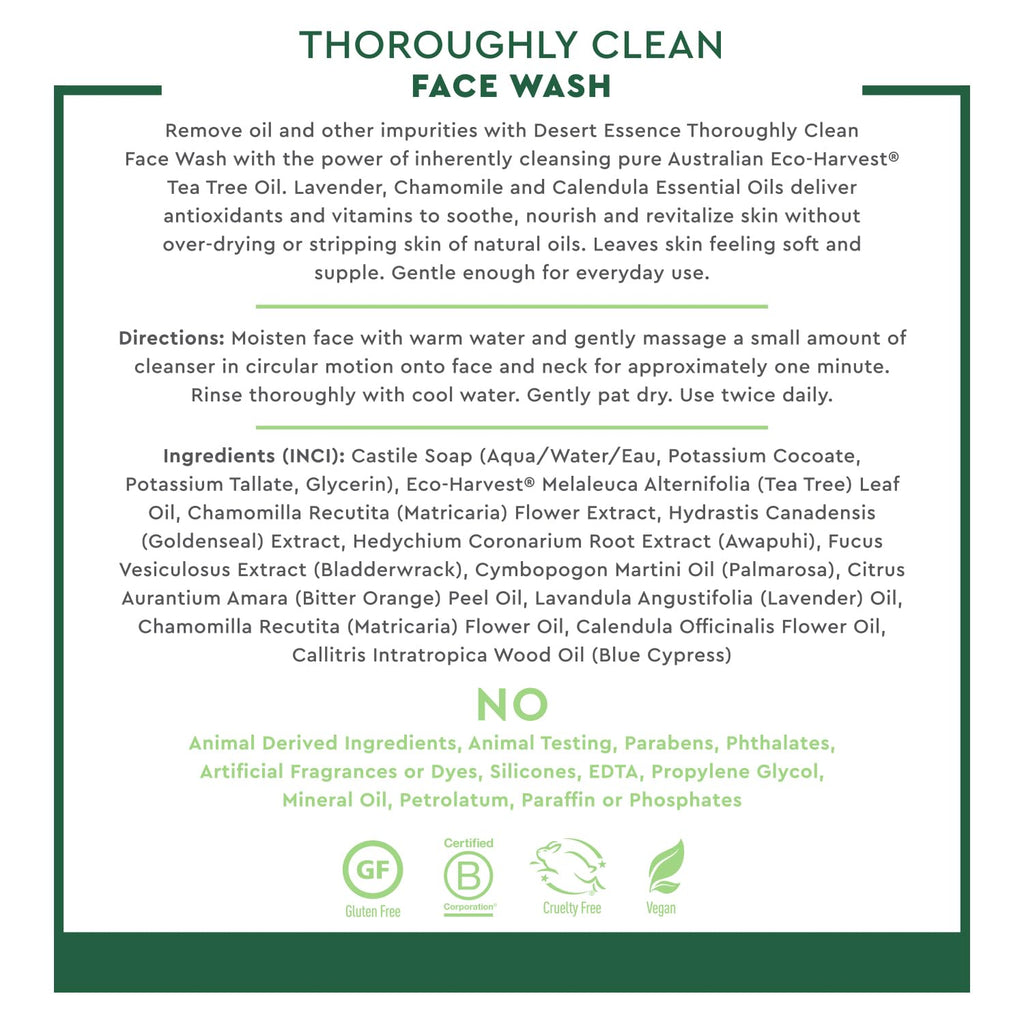 Tea Tree Face Wash 32 Fl Oz - Facial Cleanser with Natural Tea Tree Oil for Daily Use - Gentle Castile Formula for Sensitive and Oily Skin - Vegan and Cruelty-Free